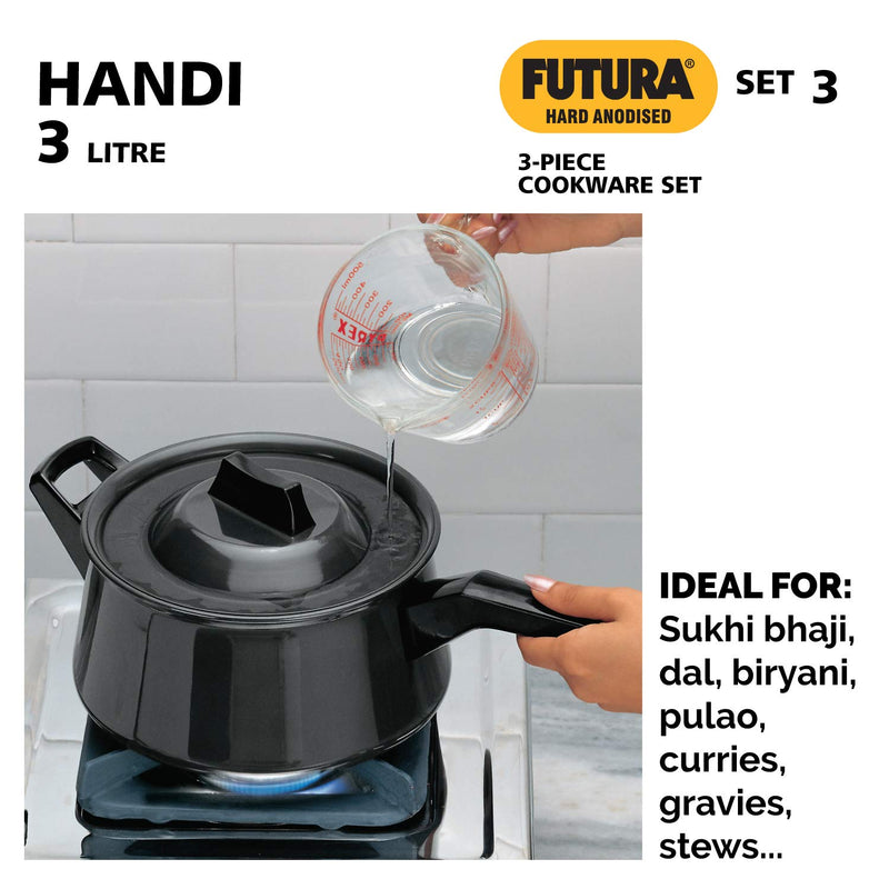Hawkins Futura Hard Anodised Cookware Set - Tava + Kadhai with Stainless Steel Lid + Handi Saucepan with Lid | Black | Set of 3 Pcs