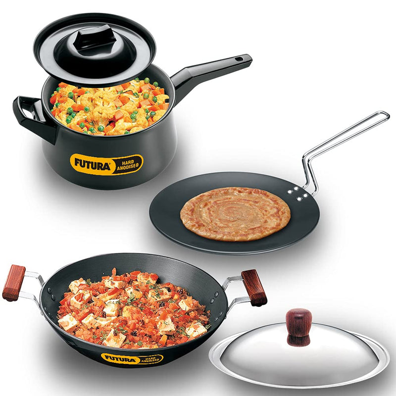 Hawkins Futura Hard Anodised Cookware Set Tava + Kadhai with Stainle