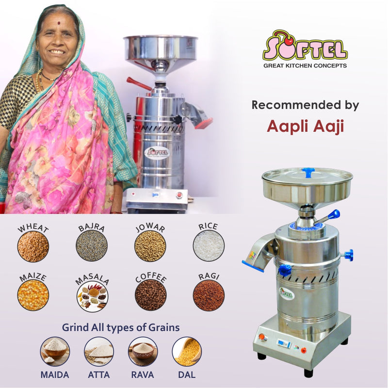 Softel Domestic Flour Mill (Ghar Ghanti) - SOF0017 - Softel Atta Chakki - Domestic Flour Mill - Grind Grains, Atta, Maida, Masala Grinder, Haldi, Rava, Suji, Lal Mirch - 6 to 10 Kg per Hour - 1 HP Motor