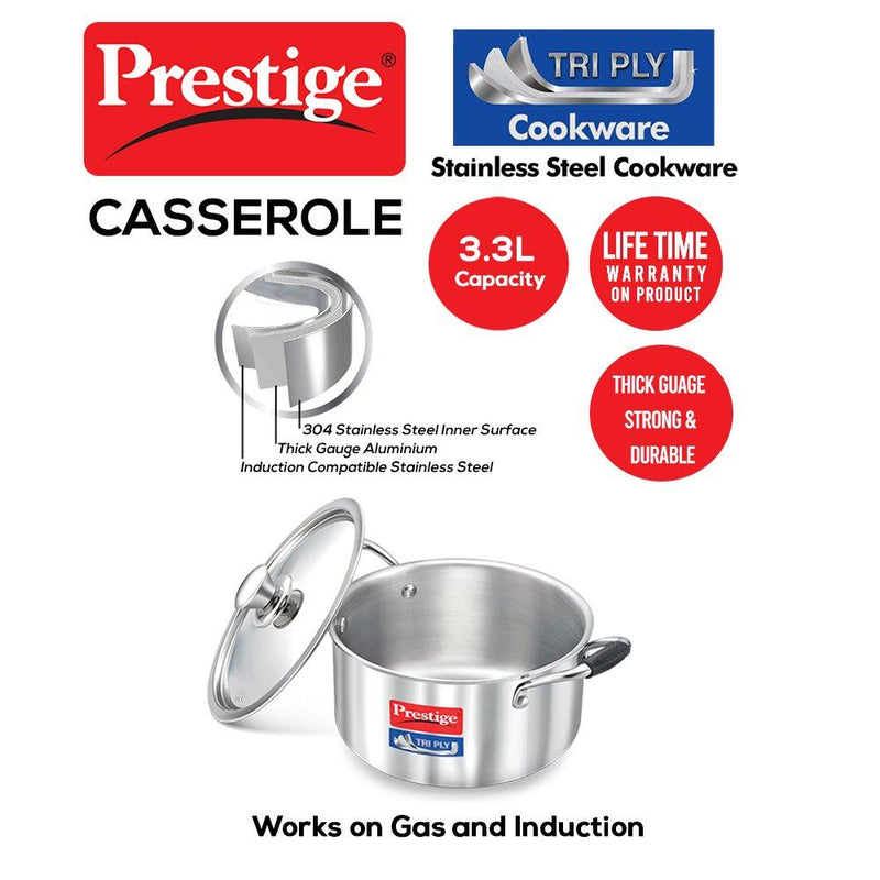 Prestige Tri-Ply Casserole with Lid | Induction Base