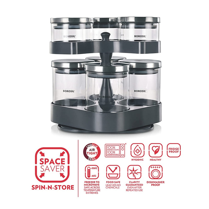 Borosil Spin N Store Tray With 7 Classic Glass Jar - 8