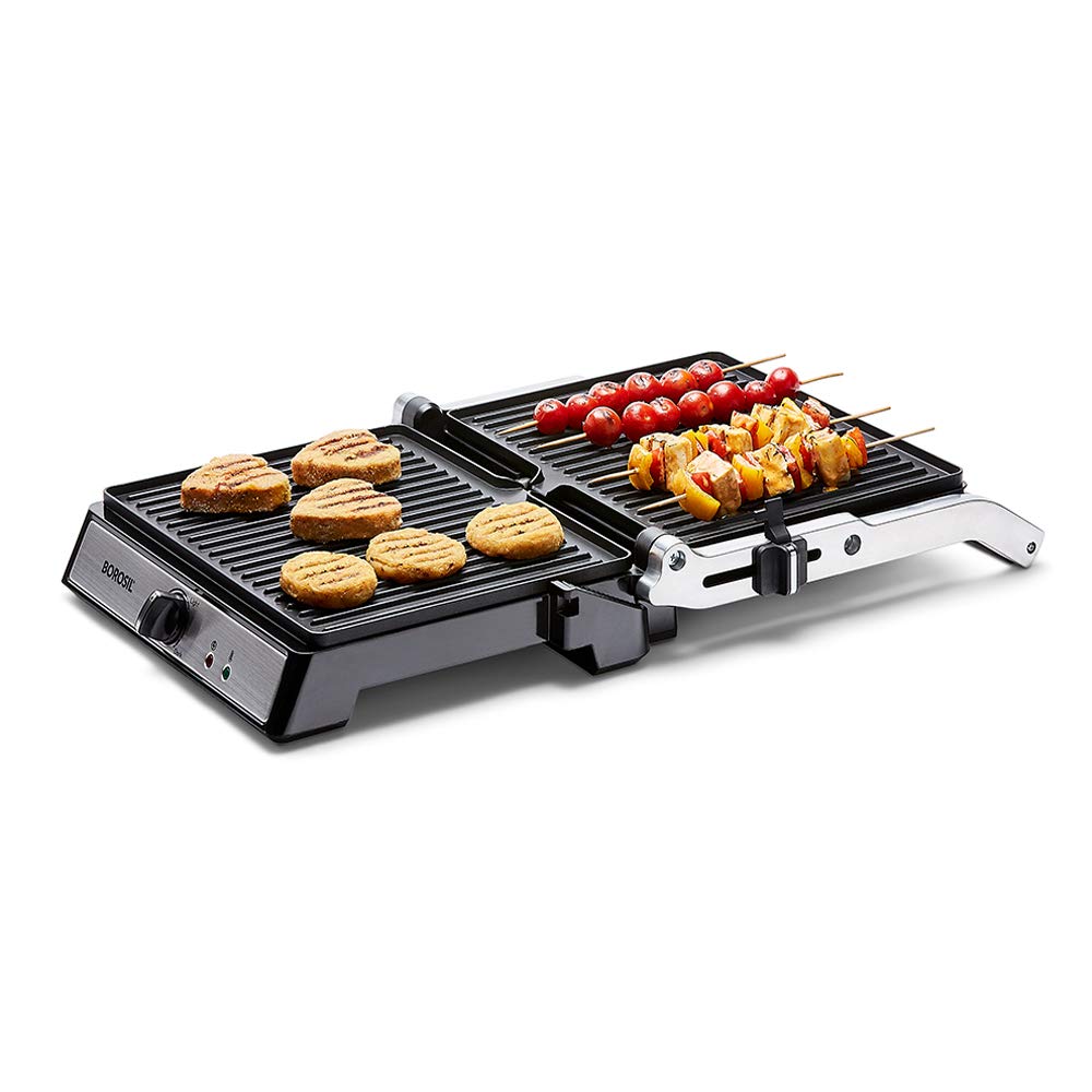 Borosil Super Jumbo 180° Grill Sandwich Maker, 2000W – 4-Slice, Non-Stick Plates, Oil Collector Tray (Silver/Black, BGRILLSS12)