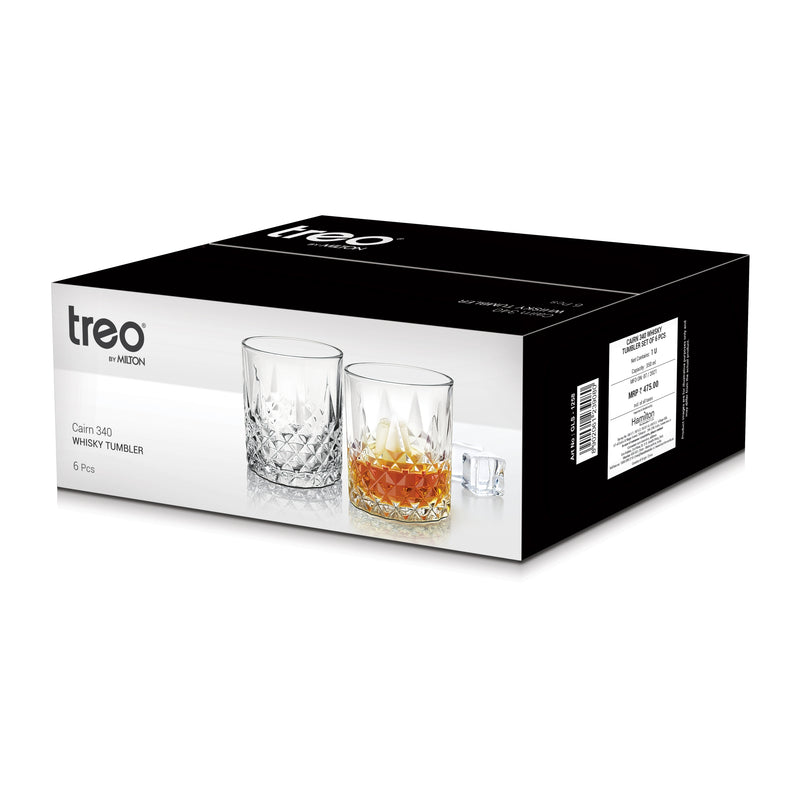 Treo Cairn Whiskey Glass Tumbler 340 ML | Transparent | Set of 6 Pcs on www.rasoishop.com