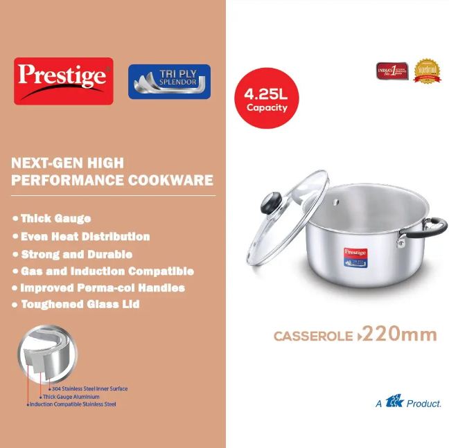 Prestige Triply Splendor Cookware Casserole 220 MM - PR37420 | Glass Lid
