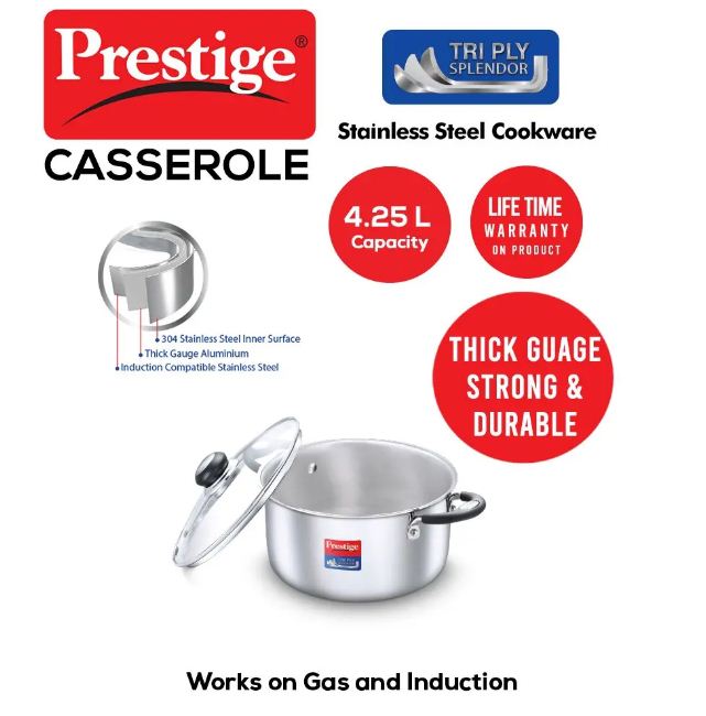 Prestige Triply Splendor Cookware Casserole 220 MM - PR37420 | Glass Lid