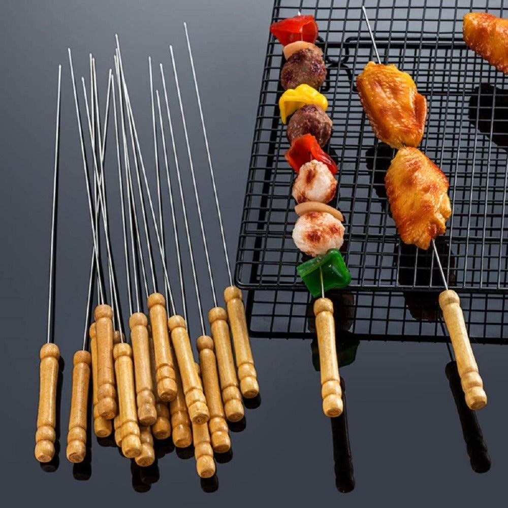 Barbecue 12 Inch Stainless Steel Skewers with Wooden Handle for