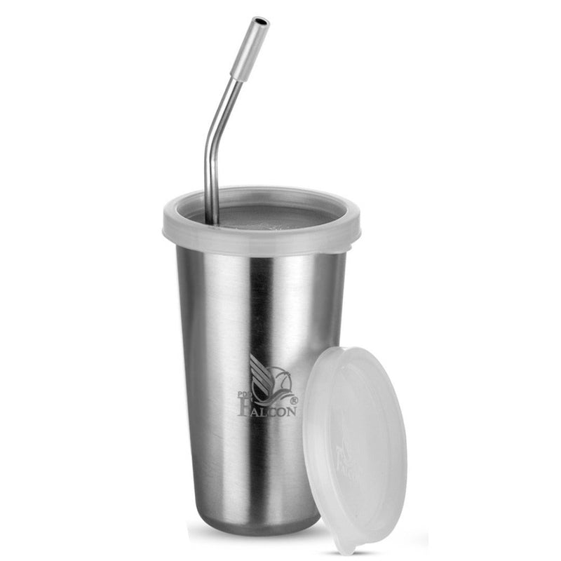 Falcon Stainless Steel 370 ML Glass with Straw Lid and Extra Travel Lid - FP04006 - 1