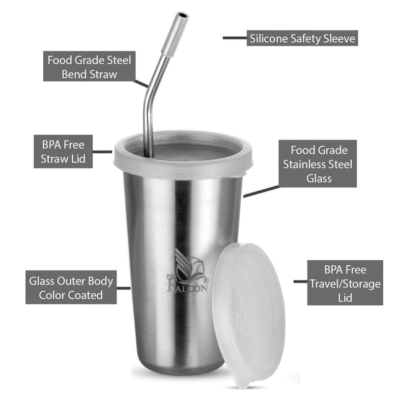 Falcon Stainless Steel 370 ML Glass with Straw Lid and Extra Travel Lid - FP04006 - 4