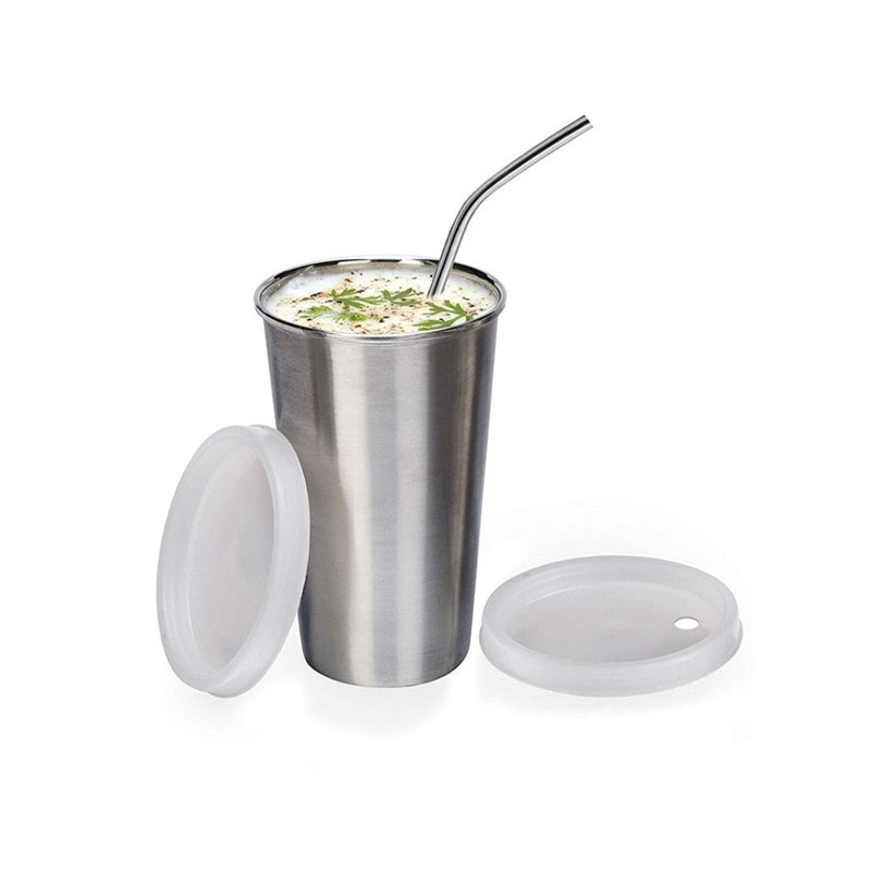 Falcon Stainless Steel 370 ML Glass with Straw Lid and Extra Travel Lid - FP04006 - 2