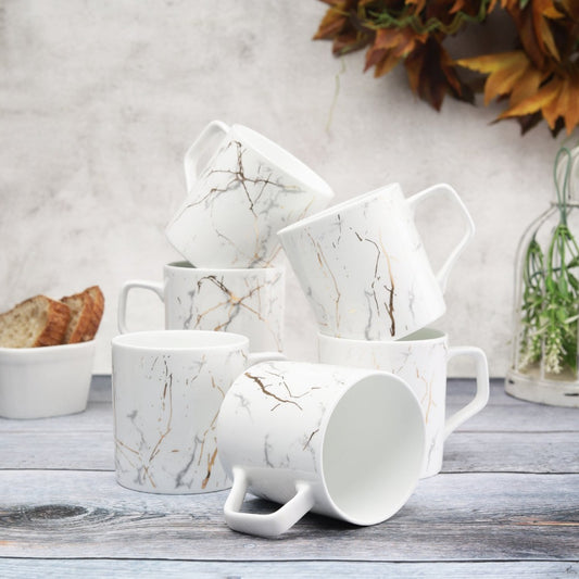 Clay Craft Marble Monochrome 220 ML White Gold Coffee Tea Mugs White Set of Pcs