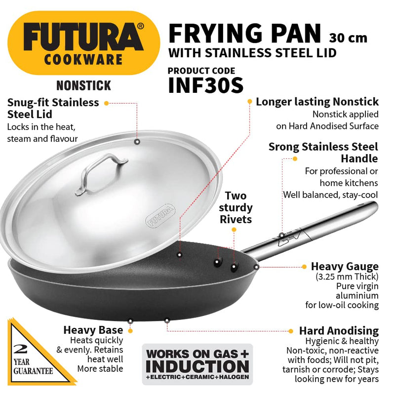 Hawkins Futura Nonstick 30 cm Frying Pan with Stainless Steel Lid - INFS30S - 2