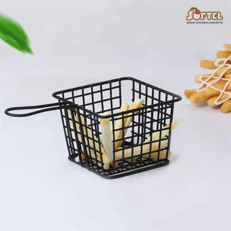 Softel Metal Portable Chips Deep Fry Basket | Fries Cart | Black | Mini French Chip Holder with Handles| Reusable Serving Food Presentation| Fries Baskets for Home Decor from RasoiShop