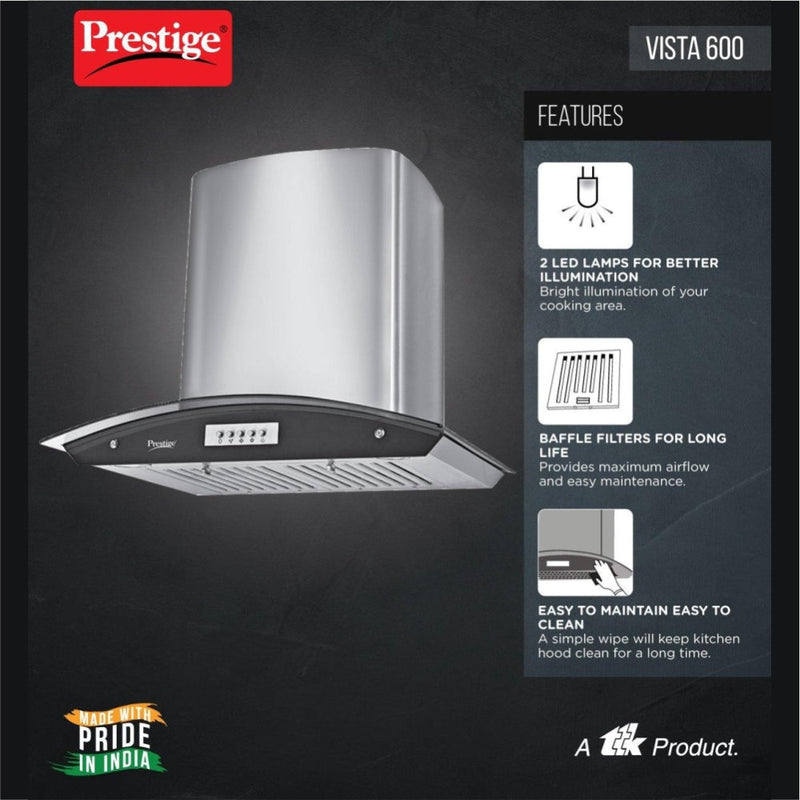 Prestige 1000m3/HR Suction Vista 600 Glass Kitchen Hood with Baffle Filters - 41820 - 5