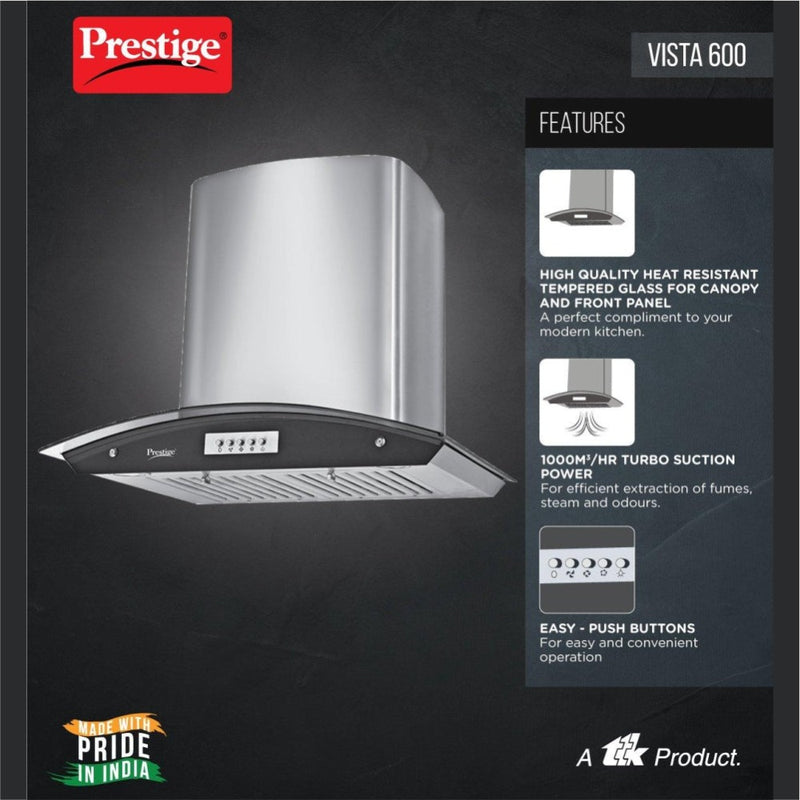 Prestige 1000m3/HR Suction Vista 600 Glass Kitchen Hood with Baffle Filters - 41820 - 6