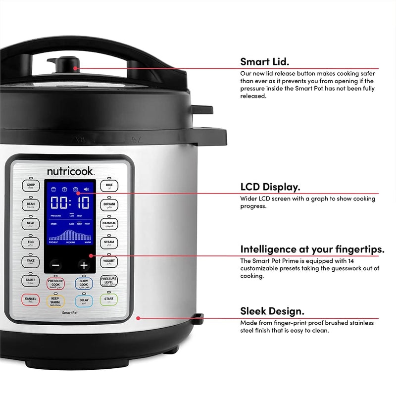 Nutricook Smart Pot Prime 6 Liter 1000 Watts - 10 In 1 Instant Programmable Electric Pressure Cooker - 8