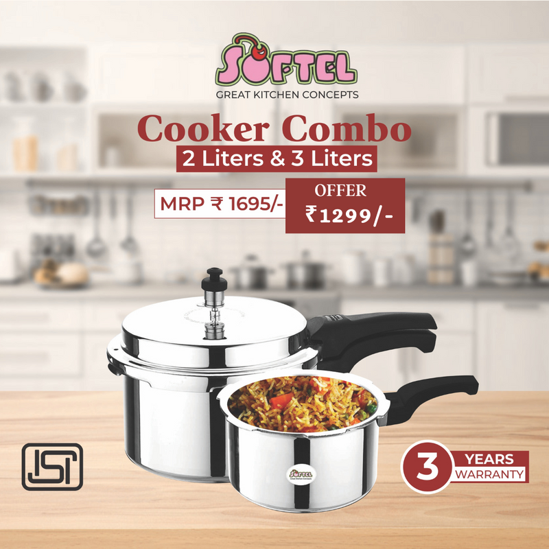Softel Pressure Cooker Combo - 2 Litres and 3 Litres with Common Lid - ISI Certified