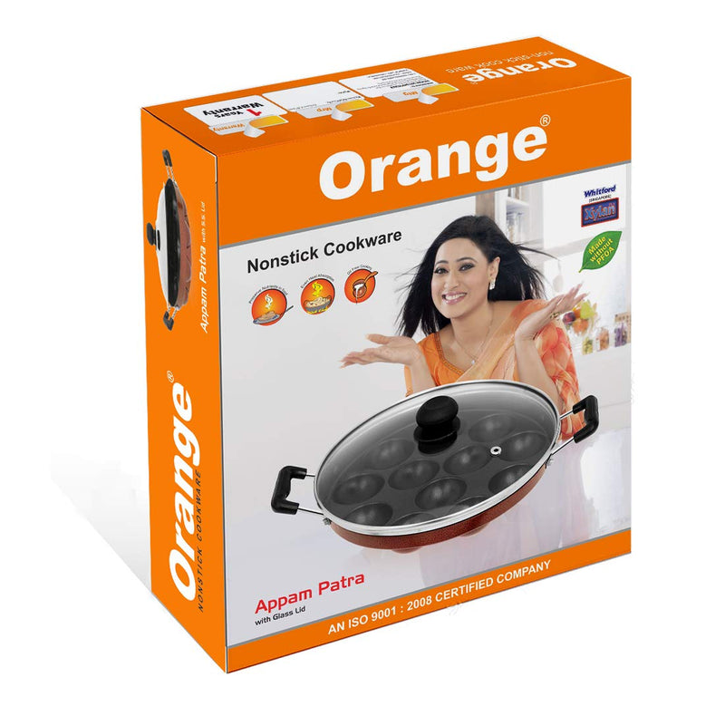 Orange Non-Stick 12 Cavity Appam Patra Side Handle with Glass lid
