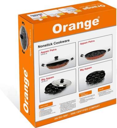 Orange Non-Stick 12 Cavity Appam Patra Side Handle with Glass lid