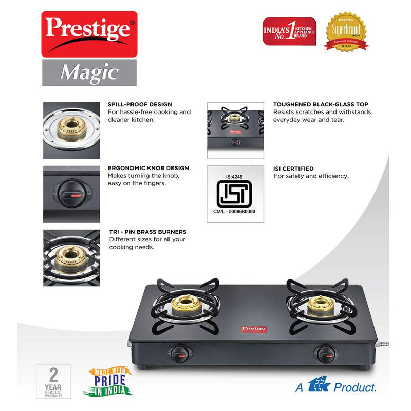 Prestige Magic Glass Top 2 Burner Gas Stove, Manual Ignition GTMCSPL02 - PR40092