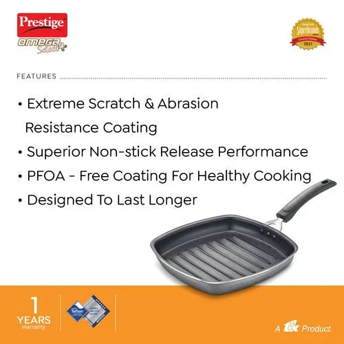 Prestige Omega Select Plus Aluminium Square Grill Pan | Black | Non-Stick | Ideal for grilling vegetables/tikkas from www.rasoishop.com