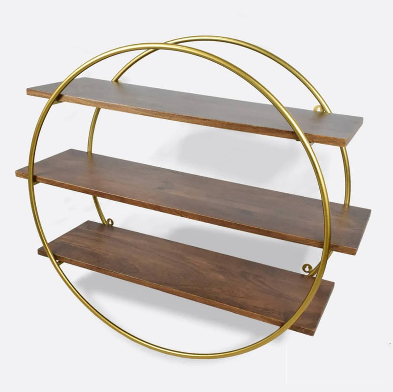 Softel Decorative Circular Wall Shelf in Walnut with Golden Metal Frame - 2