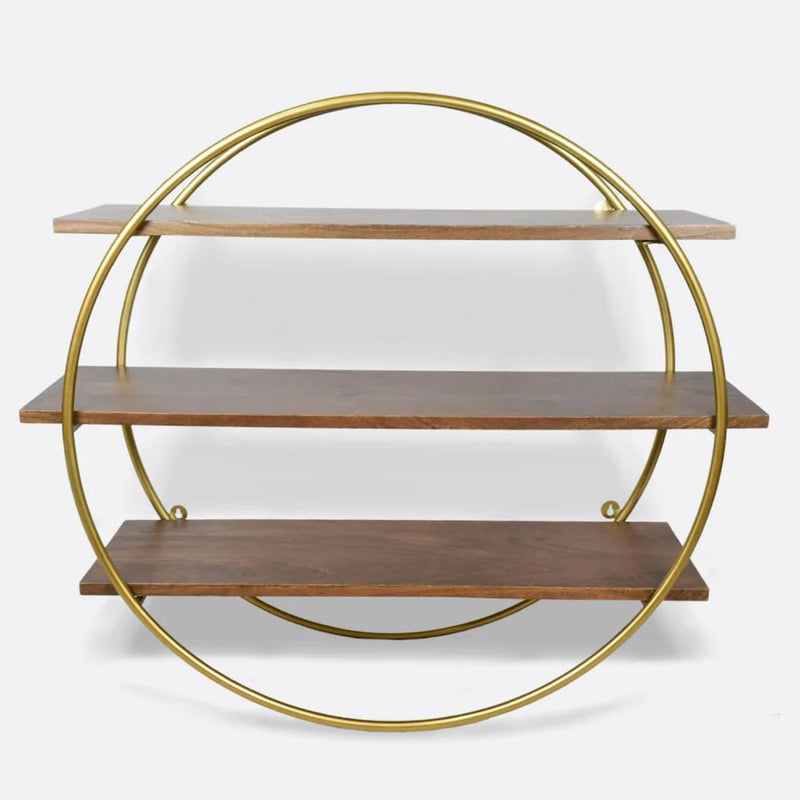 Softel Decorative Circular Wall Shelf in Walnut with Golden Metal Frame - 4