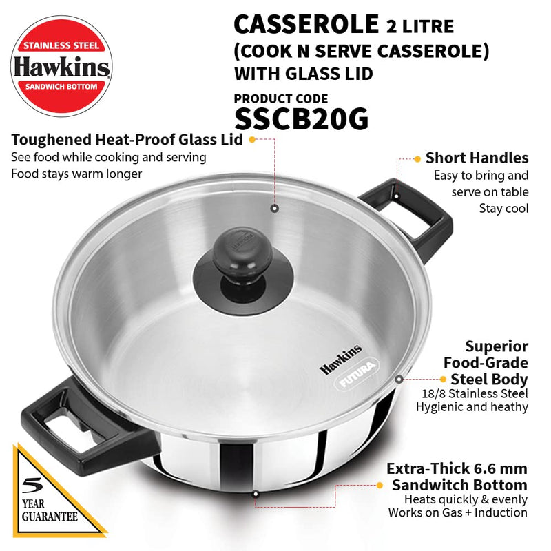 Hawkins Stainless Steel Cook n Serve Casserole with Glass lid - 2 Litre - 2