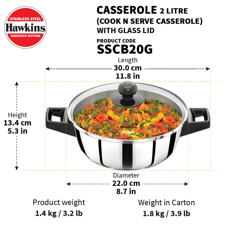 Hawkins Stainless Steel Cook n Serve Casserole with Glass lid - 2 Litre - 3