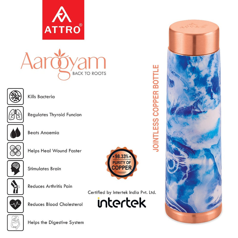 Attro Satveda Designer Jointless Copper Water Bottle - Blue Ocean - 5