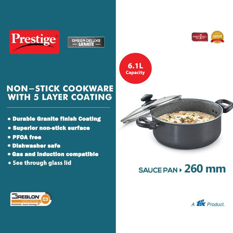 Prestige Omega Deluxe Non-stick Granite Coating Round Base Sauce Pan with Glass Lid - 8