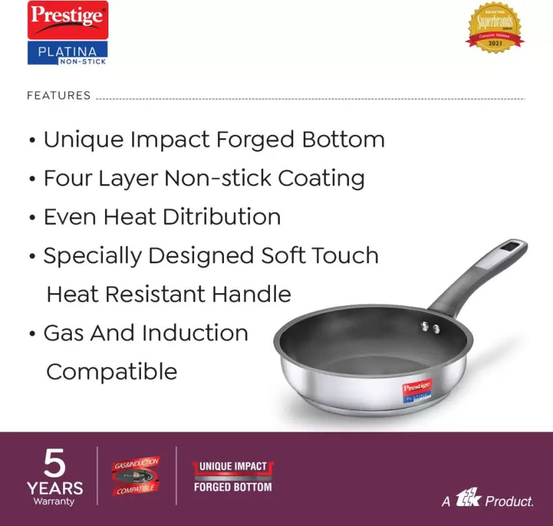 Prestige Platina Non-Stick Fry Pan 24 cm diameter 3 L capacity  (Stainless Steel, Non-stick, Induction Bottom)