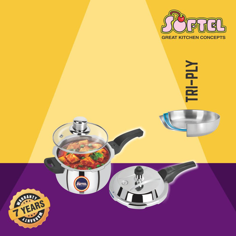 Softel Stainless Steel Tri-Ply Handi Pressure Cooker with Glass Lid - 1.5 Litre - 2