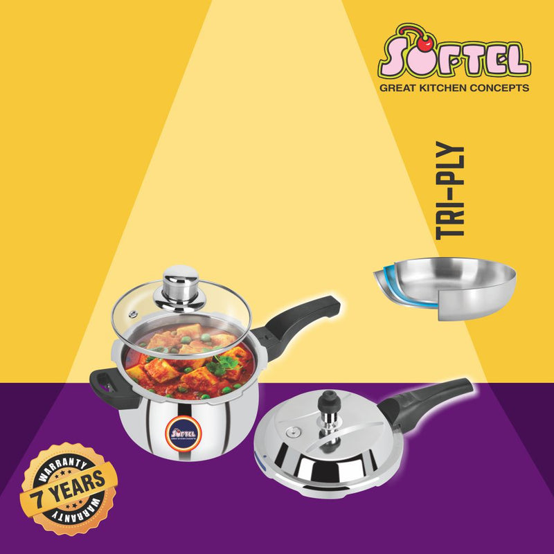 Softel Stainless Steel Tri-Ply Handi Pressure Cooker with Glass Lid - 3 Litre - 7