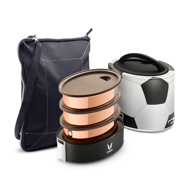 Vaya Tyffyn Soccer Copper-Finished Stainless Steel Lunch Box with Bagmat, 600ml / 1000ml, 3 Containers, Black