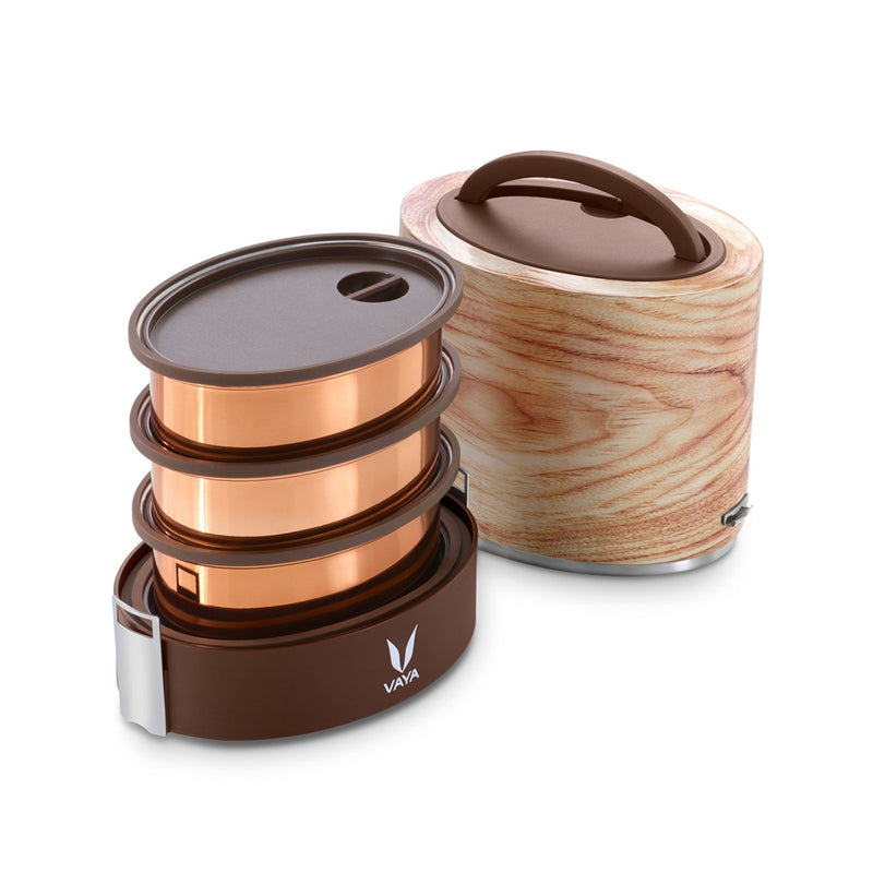 Vaya Tyffyn 1000 ml Maple & 600 ml Graphite Copper-Finished Stainless Steel Combo Lunch Boxes, 1000 ml & 600 ml, Brown