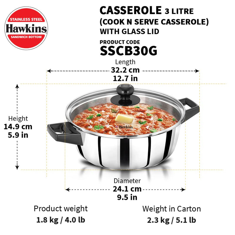 Hawkins Stainless Steel Cook n Serve Casserole with Glass lid - 3 Litre - 9