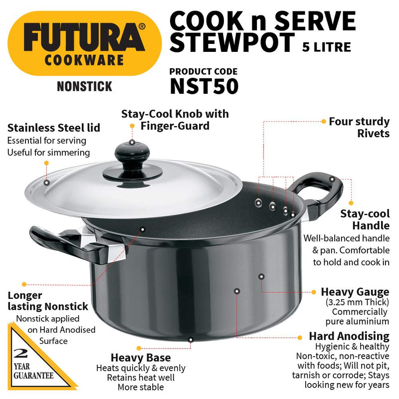 Hawkins Futura Non-Stick 5 Litres Stewpot with Stainless Steel Lid - 2