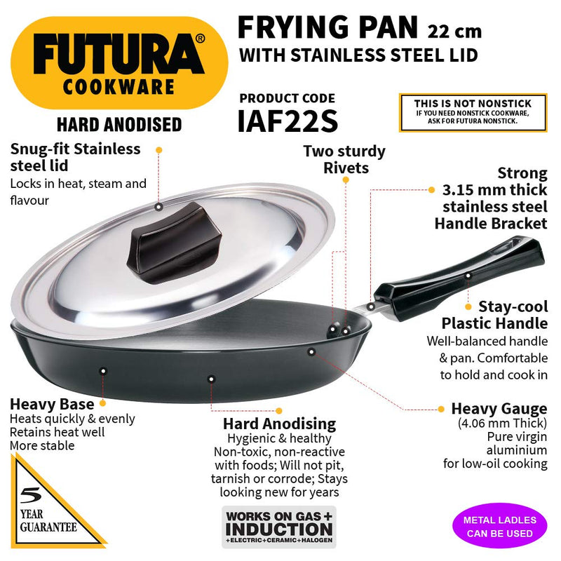 Futura Hard Anodised Induction Compatible Frying Pan with/ without Stainless Steel Lid by Hawkins, Black (IAF22S)